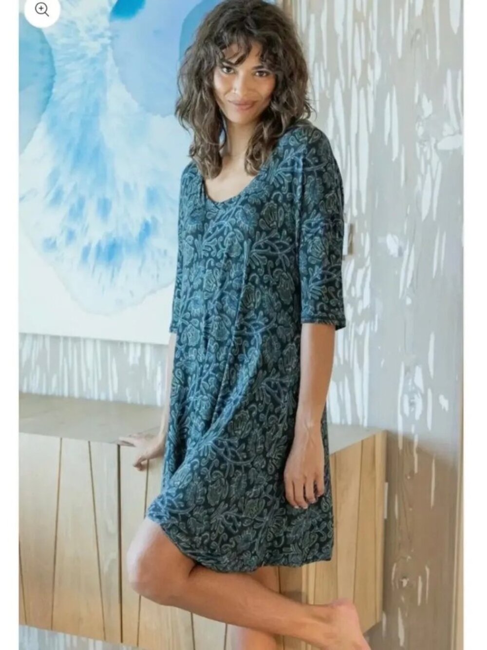 Natural Life Boho Swing Tunic Dress XL Black & Blue Floral Pattern Rayon Blend